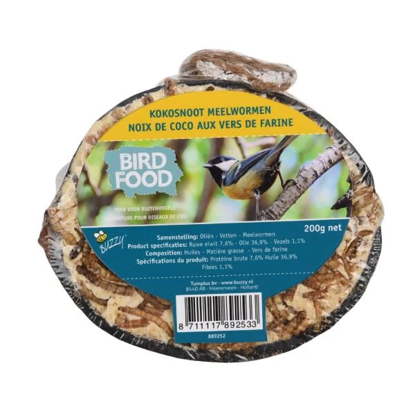 Halve Kokosnoot Met Vetvoedermix En Meelwormen 1 Halve Kokosnoot Met Vetvoedermix En Meelwormen